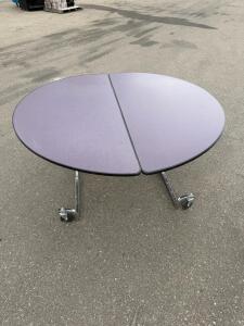 Round 60" Mobile Folding Cafeteria Table, Purple Laminate, Chromed Steel Frame, Seats 8-10