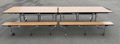 12 ft Cafeteria Table with Attached Benches, Foldable, Medium Oak Laminate, Steel Frame