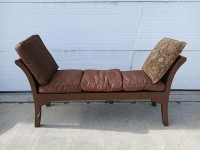 Brown Wooden Chaise Lounge Bench with Cushions, Woven Accent, 66" Long, Seats Two