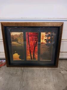 Framed Triptych Art Print with Brown Wood Frame, Landscape Nature Theme, 36"x30", Matted (R-4)