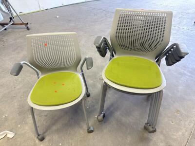 (6)Stackable Office Chairs with Armrests and Casters, Grey Frame, Green Upholstered Seat