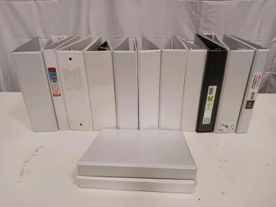 Lot of 12 1-Inch 3-Ring Binders, White & Black, Mixed Brands, D-Ring & Round Ring, Label Overlays