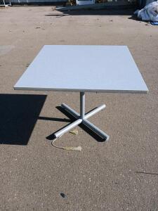Square Laminate Table 36" x 36", X-Base Metal Pedestal, Light Blue/Gray, Commercial Grade