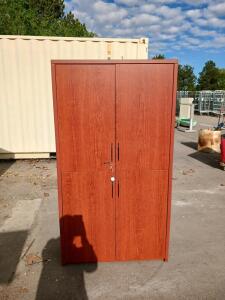 Locking Cherry Wood Laminate Office Storage Cabinet, 72"H x 36"W x 18"D, 3 Shelves, Keys Included