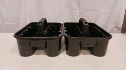 Pair of Black Plastic Utility Caddy Totes, 2 Compartments, 16"x11", Carry Handle, Stackable