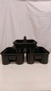 3 of Black Plastic Utility Caddy Totes, 2 Compartments, 16"x11", Carry Handle, Stackable