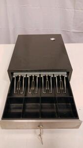 16" x 16" POS Cash Drawer, 5 Bill & 5 Coin Slots, Black/Steel, Key Lock With Keys