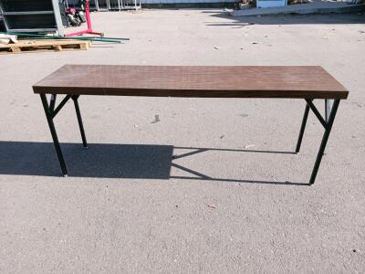 72"x18" Table, Laminate Top, Black Steel Legs, Brown Wood Grain Finish, Commercial Grade