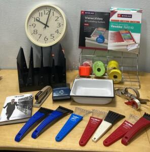 Mixed Office Supplies Lot w/ Smead Viewables Labeling System, File Racks, Clock, Stapler, Ice Scrapers