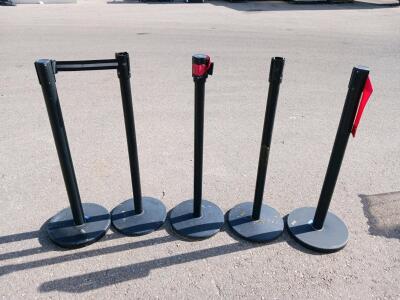 Set of 5 Black Retractable Belt Stanchions with Red and Black Belts, Steel Posts