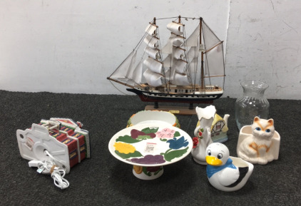 (1) Model Ship, (7) Porcelain/Glass Pieces of Home Decor