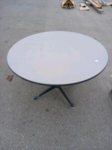 48" Round Pedestal-Base Office Table, Gray Laminate Top, Black Metal 4-Star Base (zone -1)