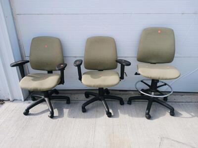 Set of Two Task Chairs and One Drafting Chair with Adjustable Heights and Olive Green Fabric