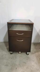 Mobile File Cabinet, 2 Drawers, Glass Display Top, Dark Brown, Wheels, Letter/Legal Size