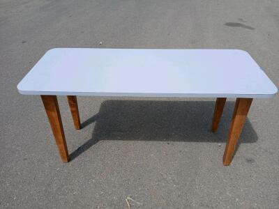 Rectangular Laminated Utility Table, White Top, Wood Legs, Approx. 6ft x 30in