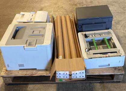 Office Printer Lot: Brother, HP, Lexmark Laser & MFP Units + 6 Toner Tubes, 4 Printers ( No Cords - Unable To Test ) ( Salmon )