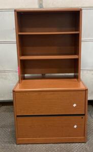 2-Drawer Lateral File Cabinet with Hutch, 36"W Cherry Laminate, Locking Drawers, Adjustable Shelves