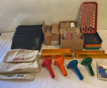 Large Coin Sorting and Counting Supply Lot - Wells Fargo Bags, Funnels, Trays, Tubes, Wrappers ( R6 )