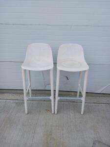 Set of 2 Modern White Molded Plastic Bar Stools with Metal Footrest, 29" Seat Height