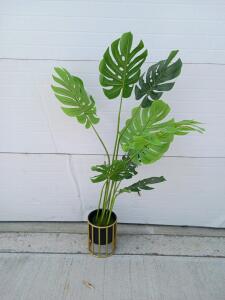 Artificial Monstera Plant in Black Pot with Gold Metal Stand, 48 in Tall, 7 Leaves (Trailer-2)