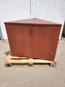 Triangular Corner Storage Cabinet, Woodgrain Laminate, Dual Doors, Cable Management