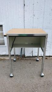 Vintage Metal & Laminate Rolling Cart with Pull-Out Shelf, 24"x18"x28", Chrome Legs, Oak Top