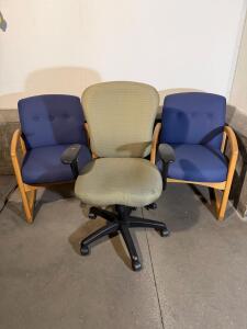Office Chair Lot: 1 Adjustable Ergonomic Chair + 2 Wood Frame Blue Guest Reception Chairs