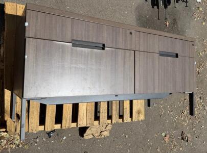 Gray Woodgrain Double Pedestal Office Credenza, 72"x24", Steel Base, 4 Compartments, Lockable Doors