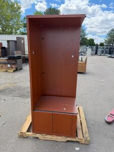Cherry Laminate Office Desks and Locking Lectern Podium Set, Black Metal Base, Cable Management
