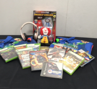 Xbox Games, DVDs, Insect Killer, Wireless Headphones and Mario Curtains.