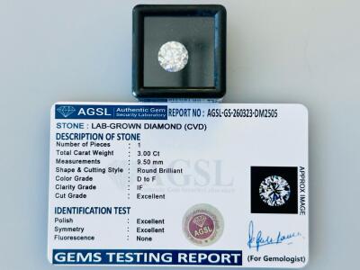 3.00 Carat Round Brilliant Lab-Grown Diamond, D-F Color, IF Clarity, Excellent Cut, AGSL Cert