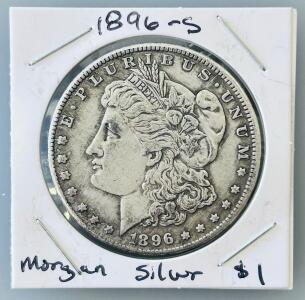 1896-S Morgan Silver Dollar, San Francisco Mint, 90% Silver, Circulated, 38.1mm, U.S. Coin