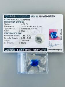5.00 Ct Natural Tanzanite, Emerald Cut, Blue, Certified AGSL, 10.10 x 8.80 x 6.10mm, Tanzania Origin