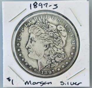 1897-S Morgan Silver Dollar, San Francisco Mint, 90% Silver, Circulated, 38.1mm Diameter