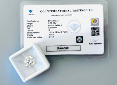 5.08ct D VVS1 Round Brilliant Diamond, Excellent Cut, Certified by GO International Testing Lab