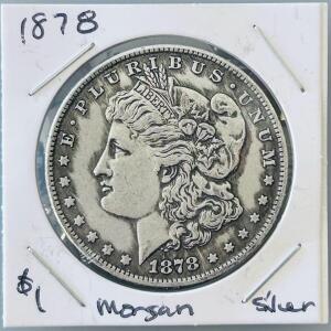 1878 Morgan Silver Dollar, 90% Silver, 38.1mm, Circulated, No Visible Mint Mark