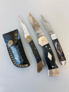 Tomahawk XI 215 Damascus, Ranger JR 440, & Unmarked Damascus Folding Knives Set