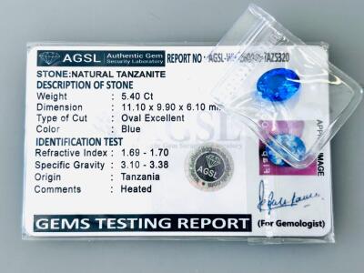 5.40 Ct Oval Excellent Natural Tanzanite, AGSL Certified, Blue, Heated, 11.10x9.90mm, Tanzania