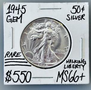 1945 Walking Liberty Half Dollar 50&cent;, MS66+ Grade, 90% Silver, Key Gem Collector Coin
