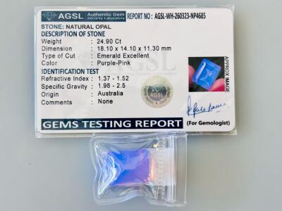 24.90 ct Australian Natural Opal, Emerald Cut, Purple-Pink, Certified By AGSL