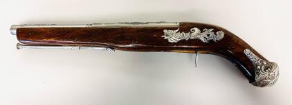 Ornate Chinese Decorative Flintlock-Style Pistol Replica, Dragon & Floral Motifs, 13" Wood & Metal