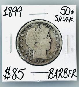 1899 Barber Half Dollar, 90% Silver, U.S. Coin, Circulated, $85 Value