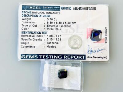 Emerald Cut 3.70 Ct Violet Blue Natural Tanzanite, Certified AGSL, 8.8x8.8x5.5mm, Tanzania