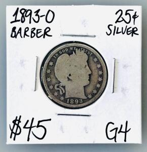 1893-O Barber Quarter 25c Silver, Good (G4), New Orleans Mint