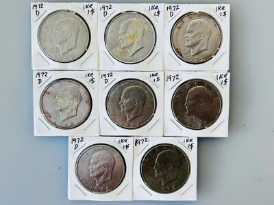 1972 & 1972-D Eisenhower Ike Dollar Coins, Circulated, $1 Face Value, US Mint, Toned, 38.1 mm