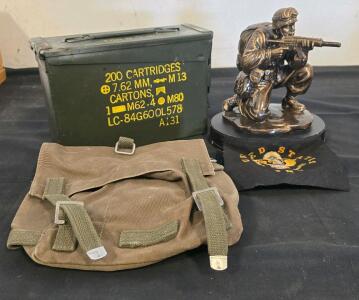 Military Collectibles Lot M13 7.62mm Ammo Can, US Army Field Bag, Bronze Infantryman Statue