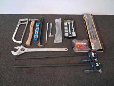 Pittsburgh 24" F-Style Bar Clamps (2), Power Torque Socket Set, Evercraft Pry Bar Kit, Husky Driver Set