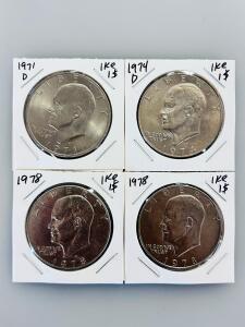 Eisenhower Dollar Lot &ndash; 1971D, 1974D, 1978, $1 Copper-Nickel Coins, Circulated, 5pcs