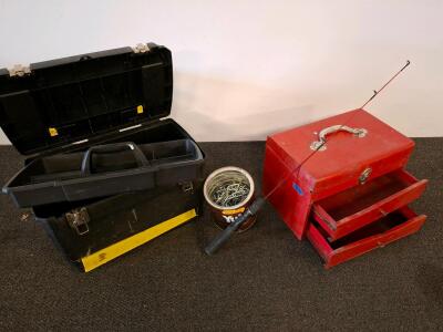 Stanley Rolling Tool Box & Vintage Red Metal Toolbox Set With Fishing Rod And Hardware