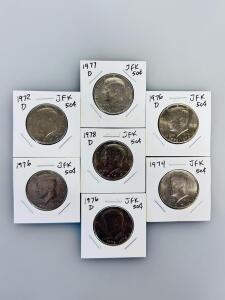 1970s Kennedy Half Dollar Coins&ndash; 1971, 1972-D, 1974, 1976, 1976-D, 1977-D, 1978-D